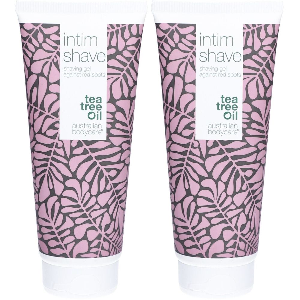 Zwei Tuben Rasiergel. Aufschrift: Intim Shave, gegen rote Flecken, Teebaumöl, Australian Bodycare. Rosa Muster.