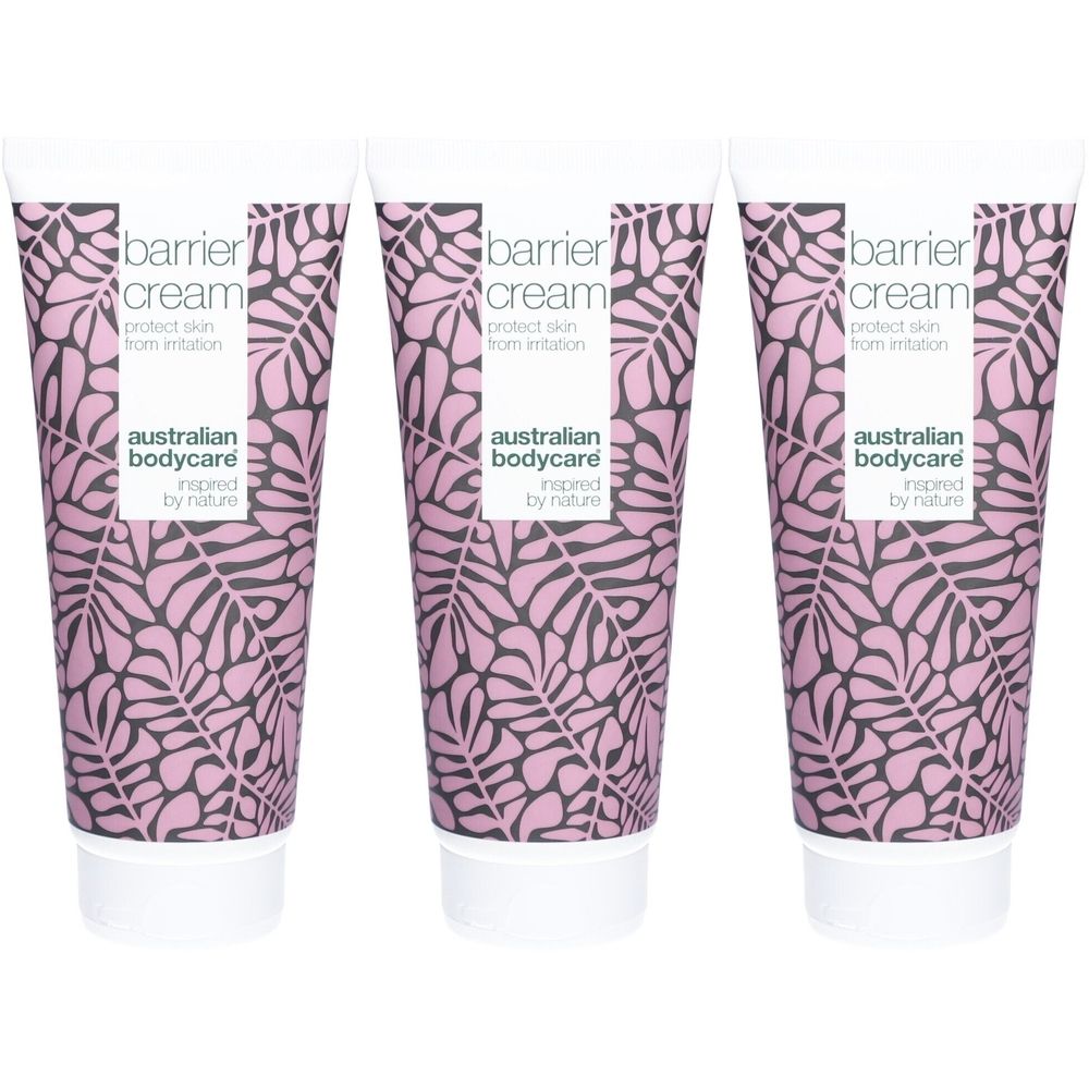 Drei Tuben Barrierecreme. Aufschrift: barrier cream, protect skin from irritation. Marke: australian bodycare.