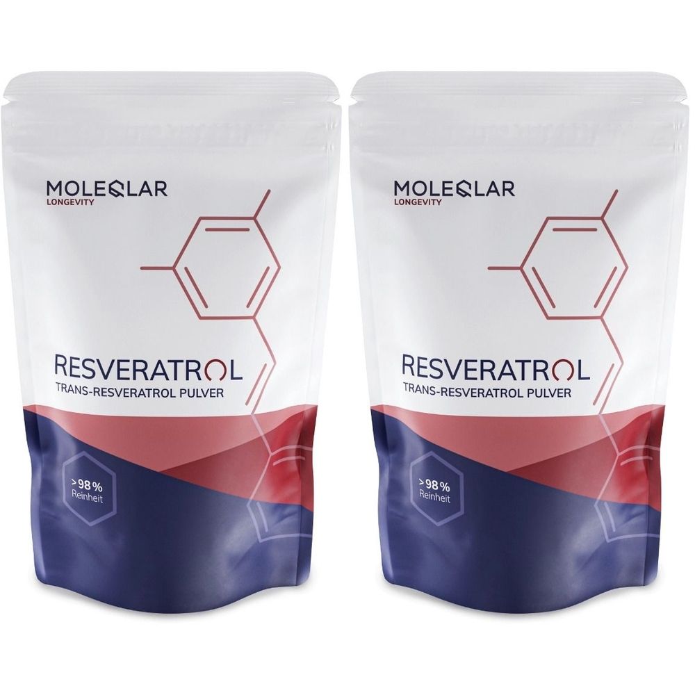 Zwei Beutel mit der Aufschrift "RESVERATROL". Marke: MOLEQLAR. Chemische Struktur abgebildet. Pulver. Farbkombination: Weiß, Rot, Blau.