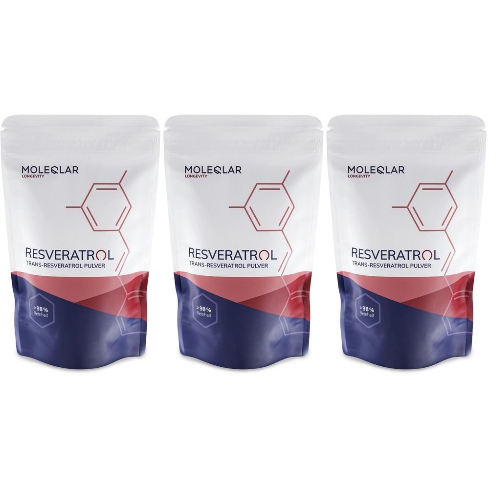 Drei Beutel mit weißem Hintergrund. Aufschrift: MOLEQLAR, RESVERATROL, trans-Resveratrol Pulver. Roter, blauer Farbverlauf.