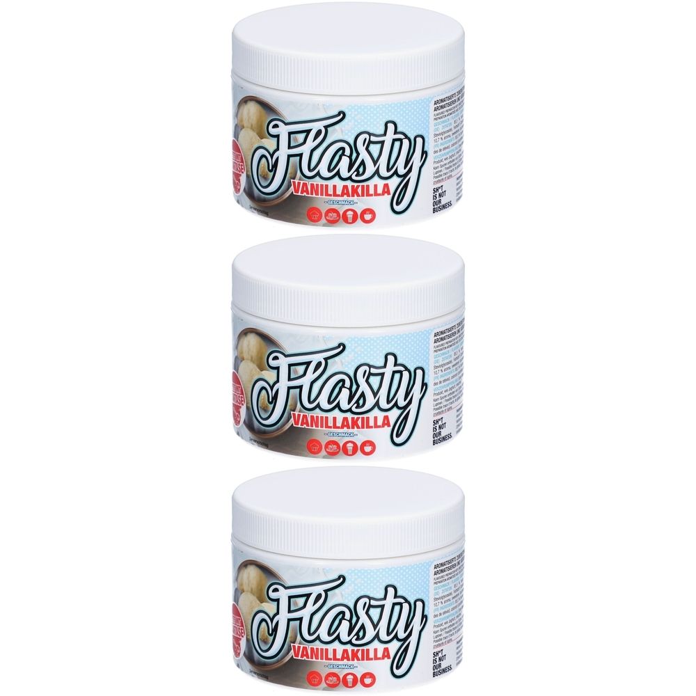 Drei weiße Dosen mit dem Aufdruck "Flasty Vanillakilla". Aufkleber mit Produktinformationen.