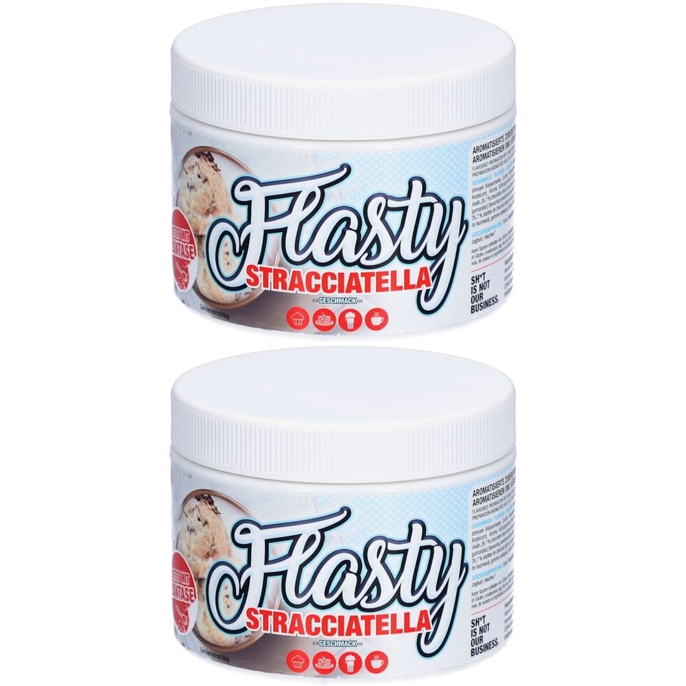 Deux pots blancs avec l'inscription "Flasty Stracciatella". Inscription en noir et rouge. Couvercles rainurés.