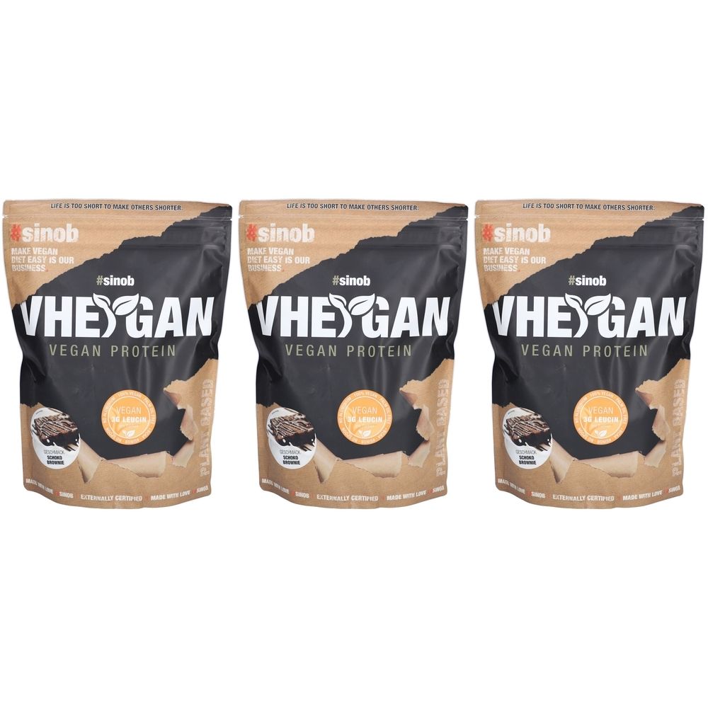 Trois paquets de VHEGAN. Inscription: VEGAN PROTEIN. Marque: sinob. Emballage marron et noir.
