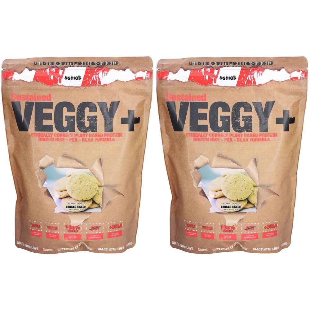Zwei Beutel Sinob Veggy+ Vanille Biskuit. Aufschrift: Veggy+, ethisch korrektes pflanzliches Protein, brauner Reis, Erbsen, Bohnenformel.