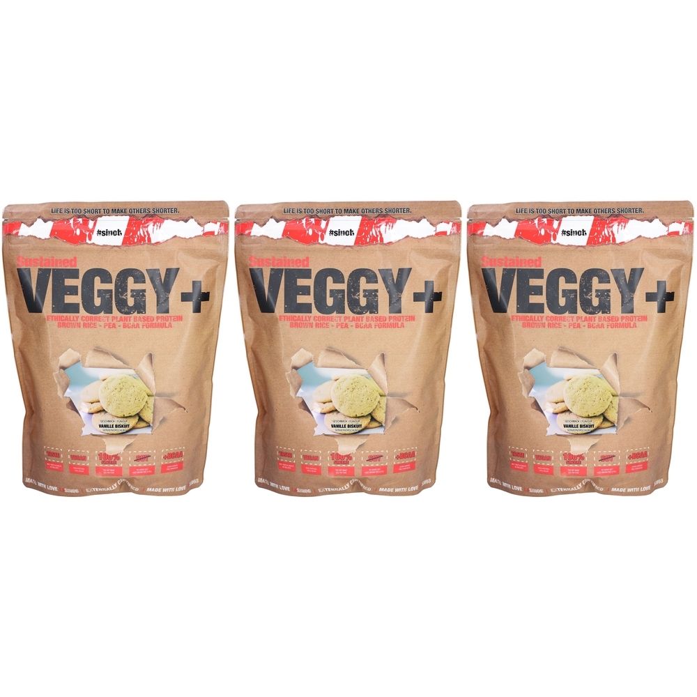 Drei Beutel mit der Aufschrift "VEGGY+". Aufschrift "Vanille Biskuit". Braune Verpackung mit roter und weißer Schrift.