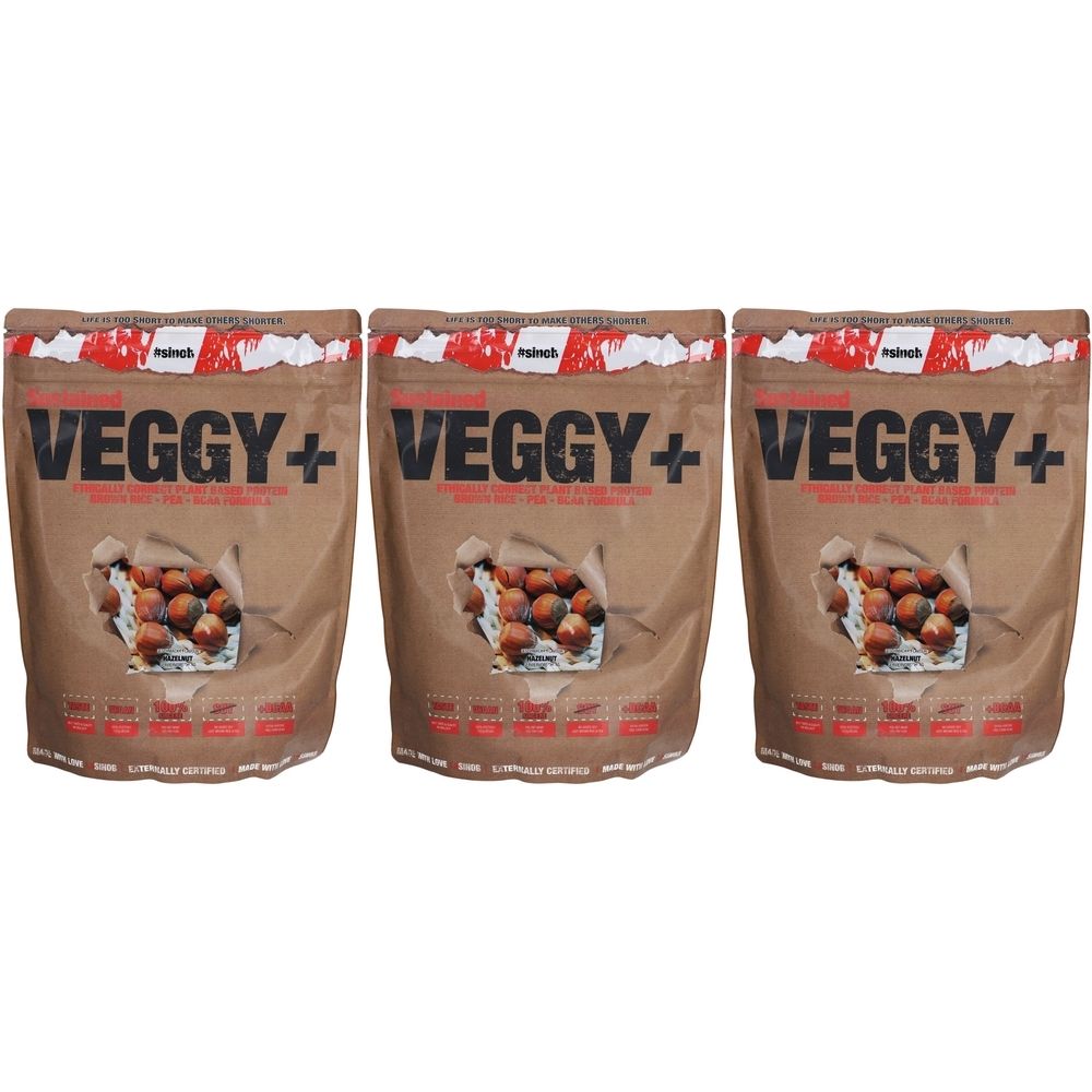 Trois sacs avec l'inscription "VEGGY+". Une image de noisettes est représentée sur les sacs. Le fond est marron.