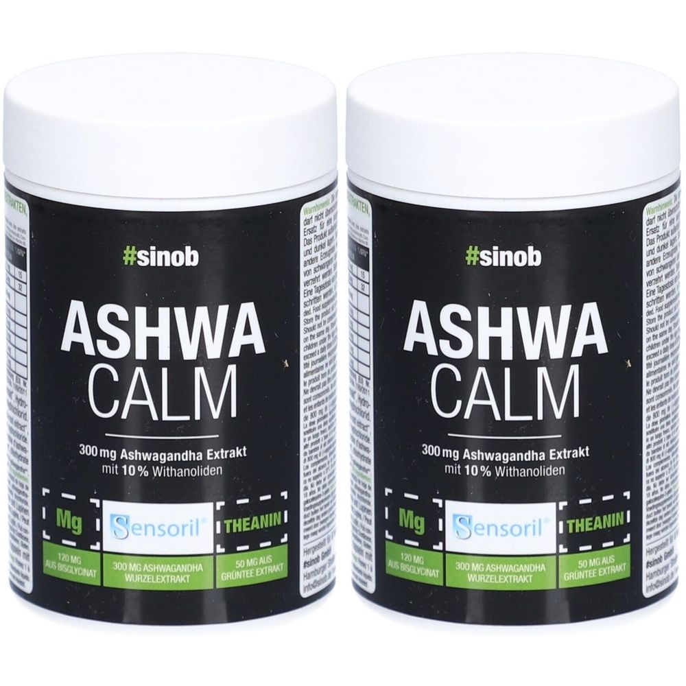 Zwei zylindrische Behälter mit weißem Deckel. Aufschrift: ASHWA CALM, #sinob, 300mg Ashwagandha Extrakt. Mit Mg, Sensoril und Theanin.