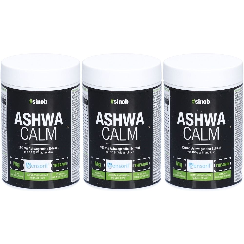 Trois boîtes avec couvercles blancs. Inscription: ASHWA CALM, #sinob, 300mg extrait d'Ashwagandha. Détails verts et blancs.