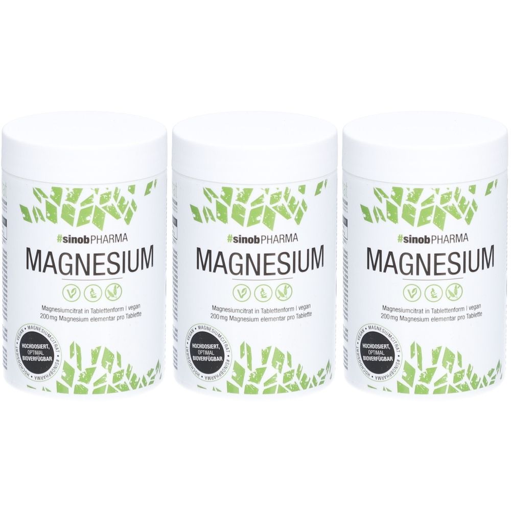 Trois boîtes blanches avec étiquettes vertes. Inscription : #sinobPHARMA MAGNESIUM. Sceau végétalien. Texte : 200mg élément magnésium par comprimé. Sceau : PURETÉ, BIO-DISPONIBILITÉ OPTIMALE.