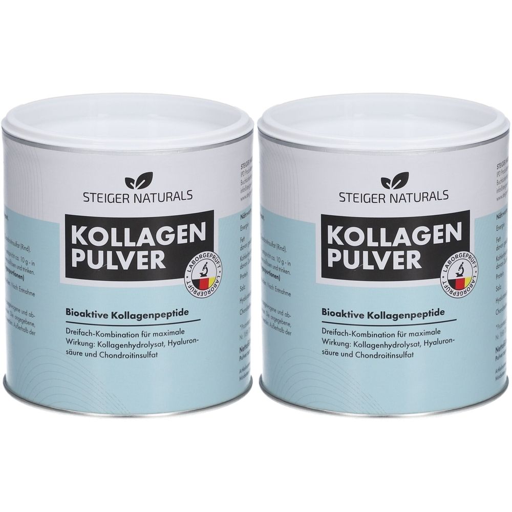 Deux boîtes de poudre de collagène Steiger Naturals. Couvercles blancs, étiquettes bleu clair avec informations et logo.