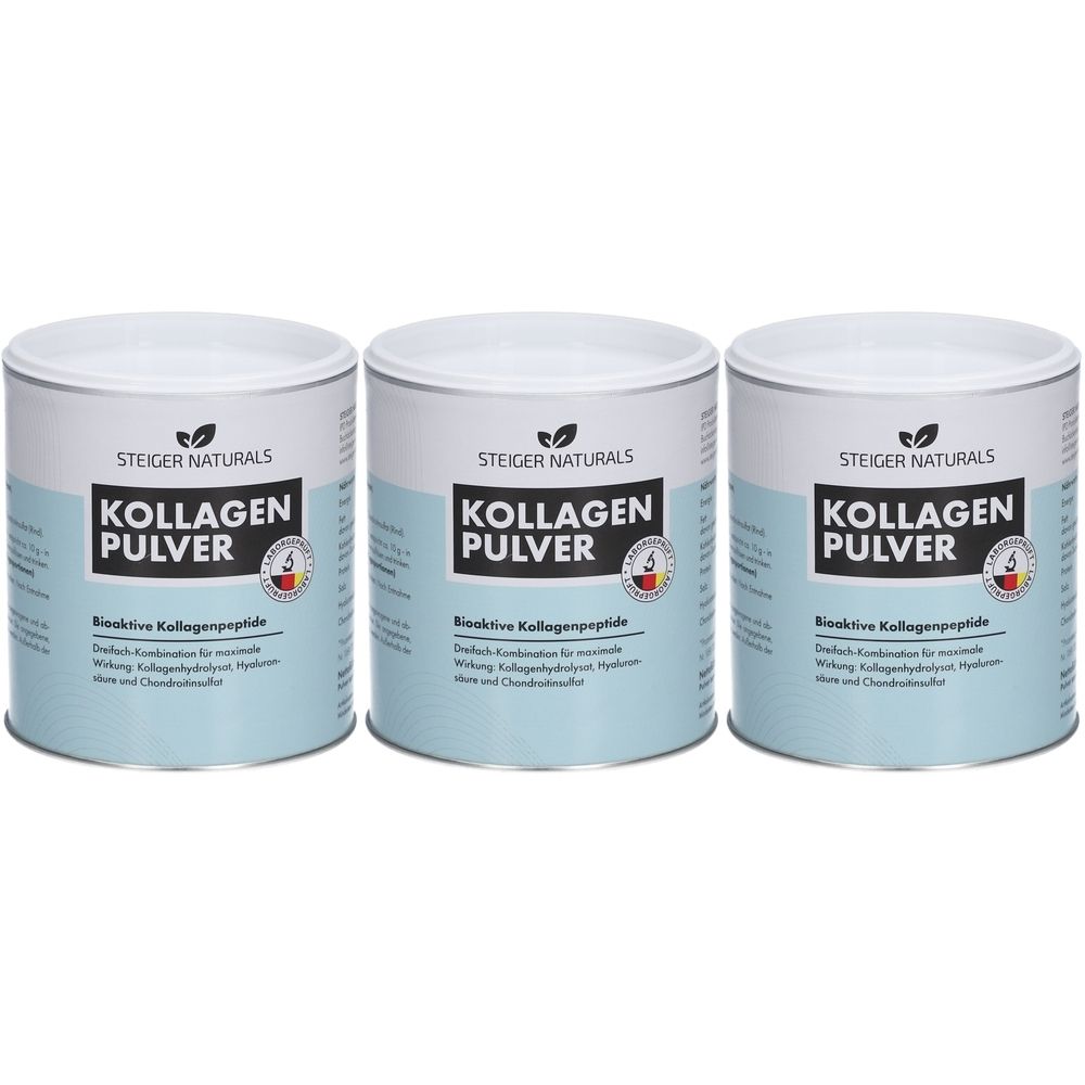 Trois boîtes de Kollagenpulver Steiger Naturals. Couvercles blancs, étiquettes bleu clair avec informations et logo.