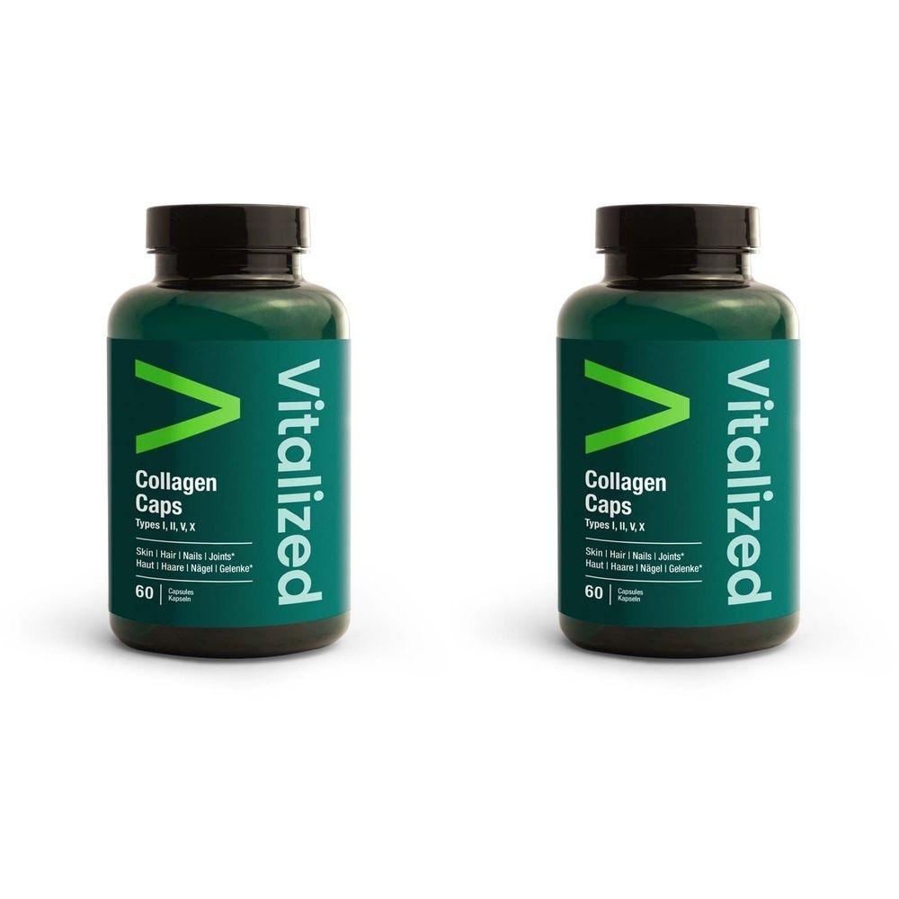 Deux flacons verts avec des bouchons noirs. Les étiquettes indiquent "Vitalized Collagen Caps". Chaque flacon contient 60 gélules.