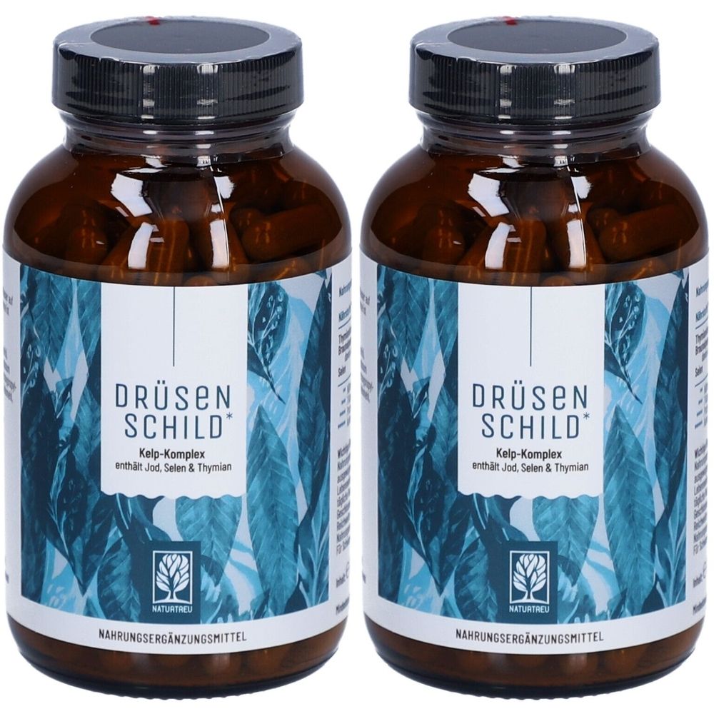 Deux flacons en verre brun avec des couvercles noirs. Les étiquettes indiquent "DRÜSEN SCHILD" et "Kelp-Komplex".