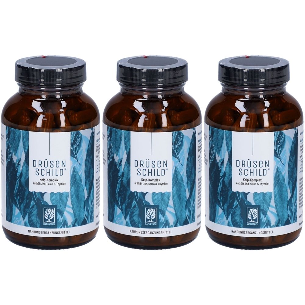 Trois flacons en verre brun avec des couvercles noirs. Les étiquettes indiquent "Drüsen Schild" et "Kelp-Komplex".