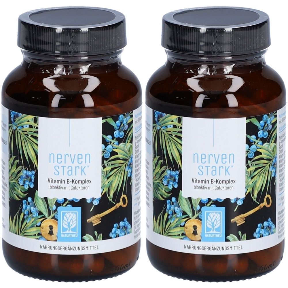Zwei braune Glasflaschen mit schwarzen Deckeln. Auf den Etiketten steht "Nerven Stark Vitamin B-Komplex".