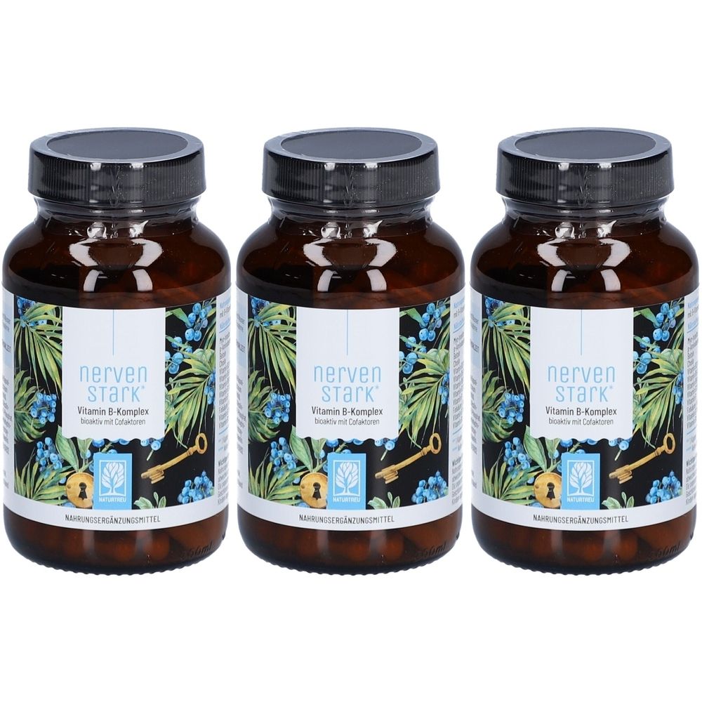 Trois flacons en verre brun avec des couvercles noirs. Les étiquettes indiquent "nerven stark" et "Vitamin B-Komplex".