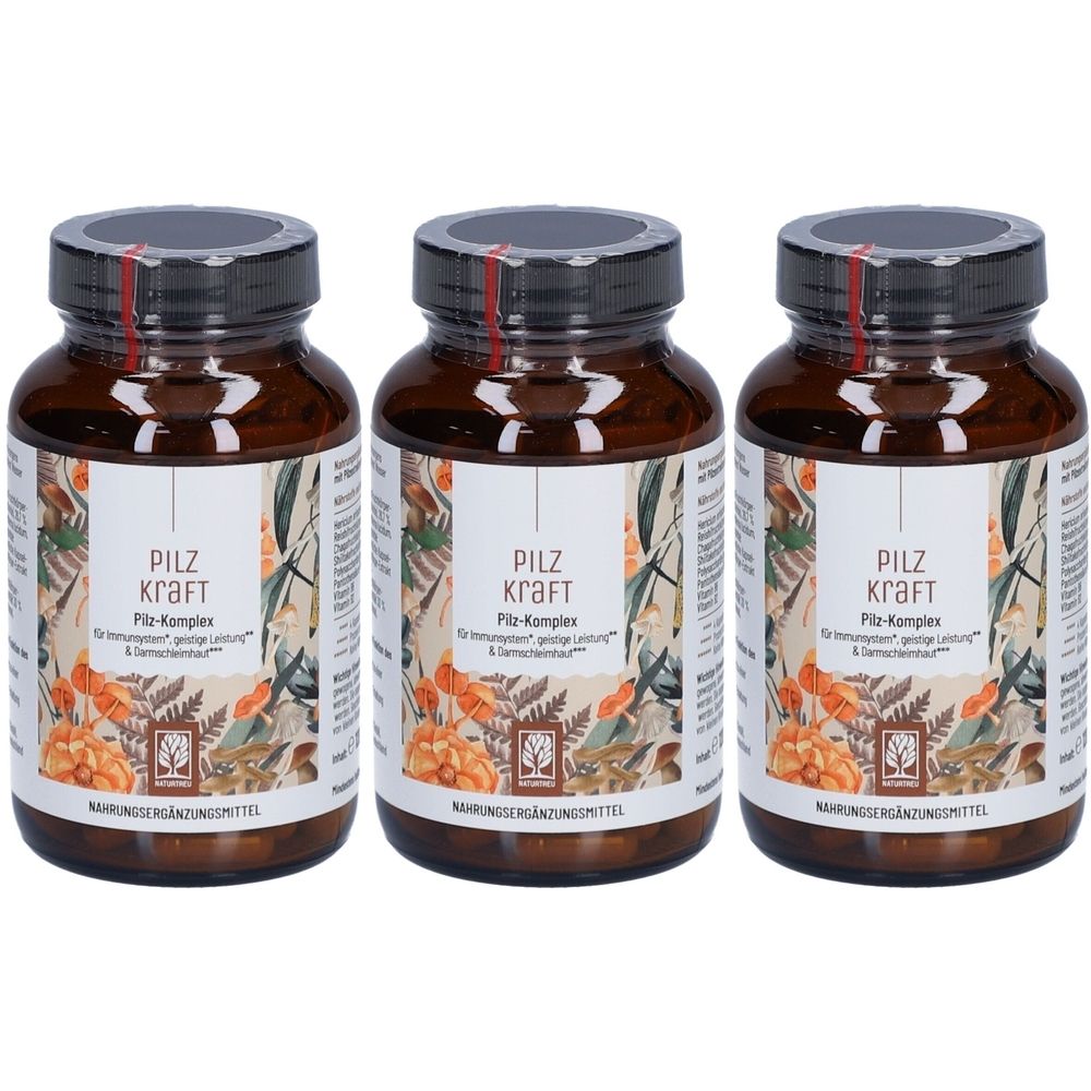 Trois flacons de pilules marron avec couvercles noirs. L'étiquette indique "PILZ KRAFT Pilz-Komplex".