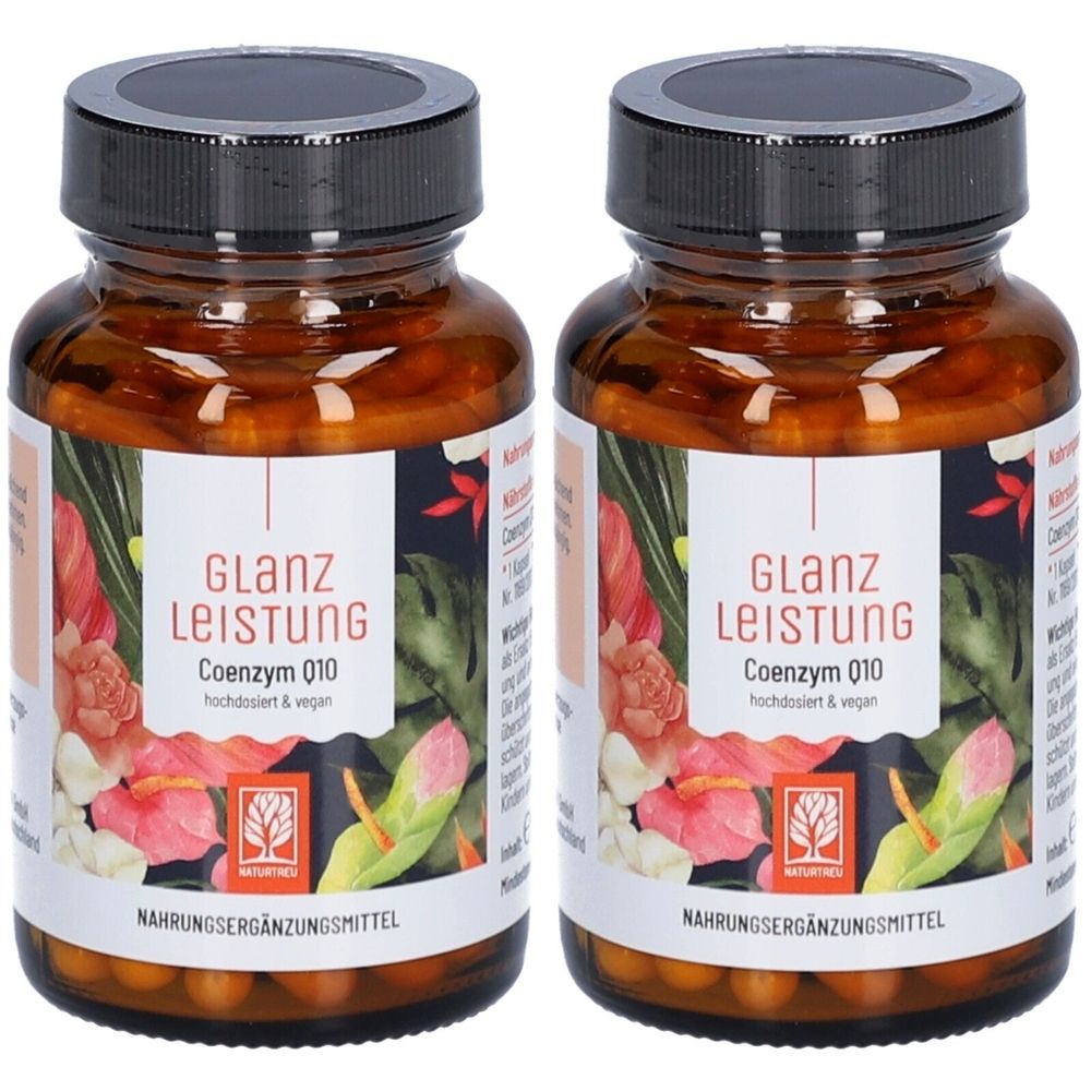 Deux flacons en verre brun avec des couvercles noirs. Les étiquettes indiquent "GLANZ LEISTUNG Coenzym Q10".