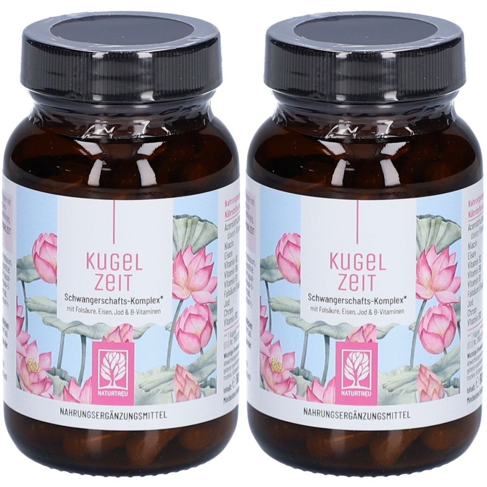 Zwei braune Glasflaschen mit schwarzen Deckeln. Auf den Etiketten steht "Kugelzeit" und "NATURTREU".