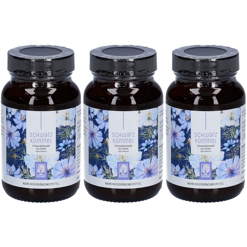 Drei braune Glasflaschen mit schwarzem Deckel. Etikett mit floralem Muster und Schriftzug Schwarzkümmel. Nahrungsergänzungsmittel.