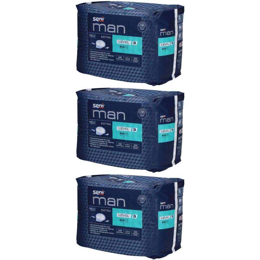 Drei Packungen Seni Man Extra Level 3. Blaue Verpackung mit Produktinformationen und Logo.