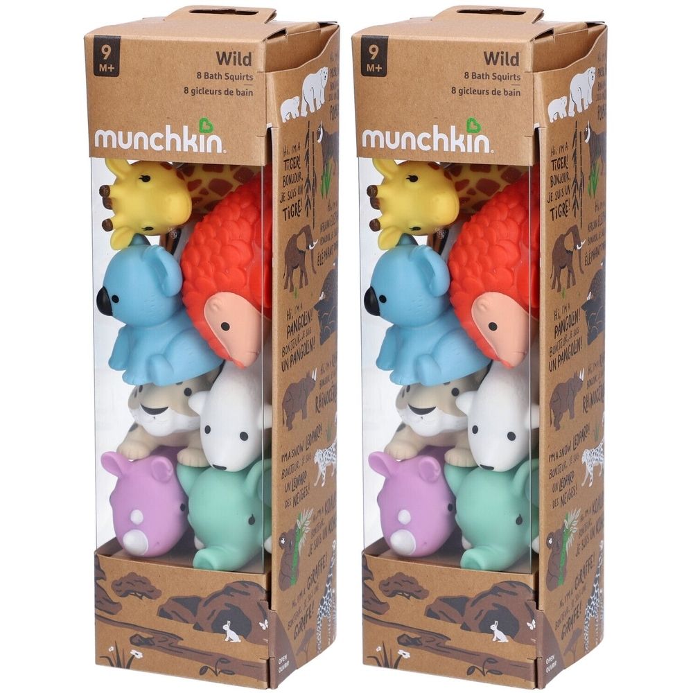 Deux boîtes de jouets de bain. Chaque boîte contient 8 figurines d'animaux de couleurs variées. Emballé dans des boîtes avec fenêtre.