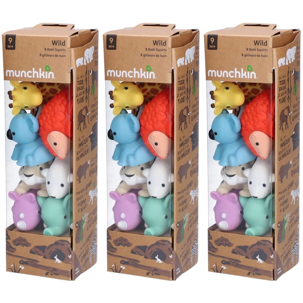 Trois boîtes de jouets de bain. Chaque boîte contient huit animaux de couleurs variées. Inscription : munchkin, Wild.