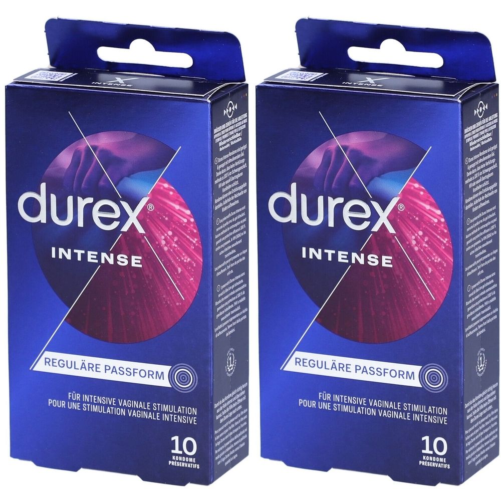 Zwei Schachteln Durex Intense Kondome. Blaue Verpackung mit Produktnamen und 10 Stück. Für intensive vaginale Stimulation.