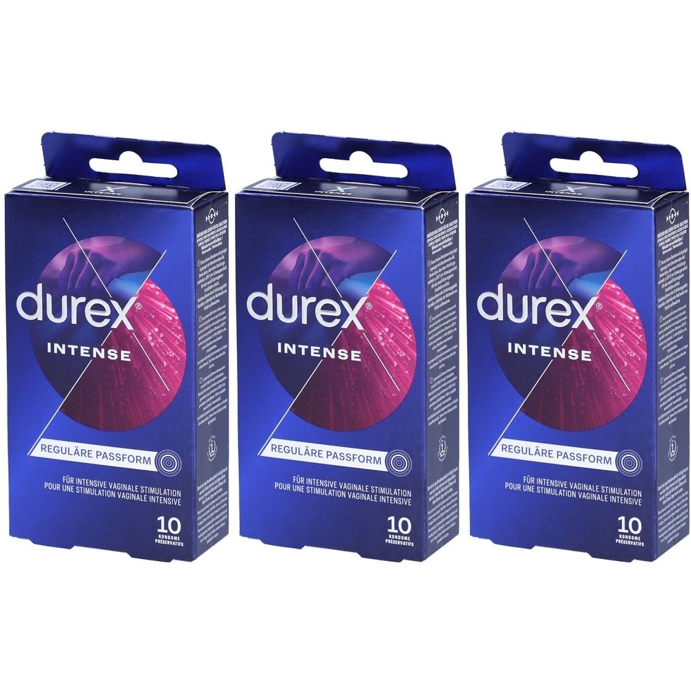 Drei Packungen Durex Intense Kondome. Blaue Verpackung mit Produktnamen und rotem Design. Jede Packung enthält 10 Stück.