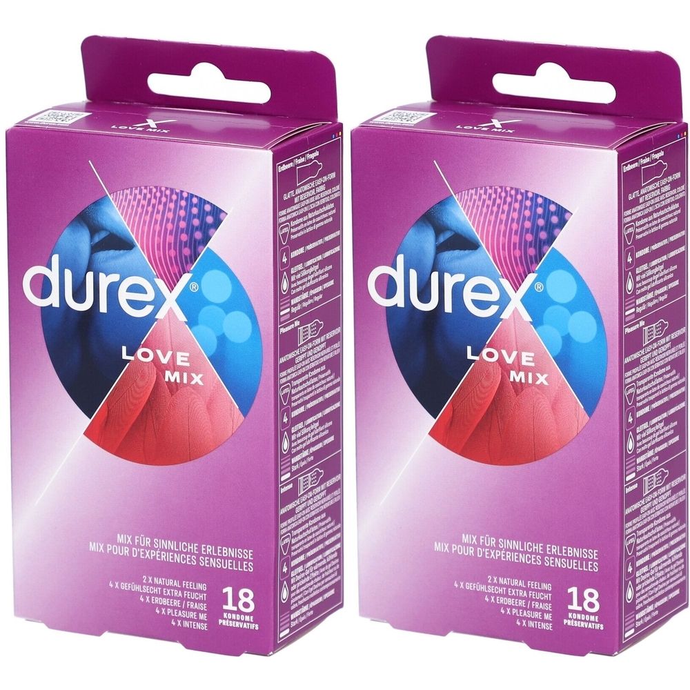 Zwei Packungen mit Kondomen. Aufdruck: Durex Love Mix, 18 Stück. Lila Verpackung mit farbigen Illustrationen.