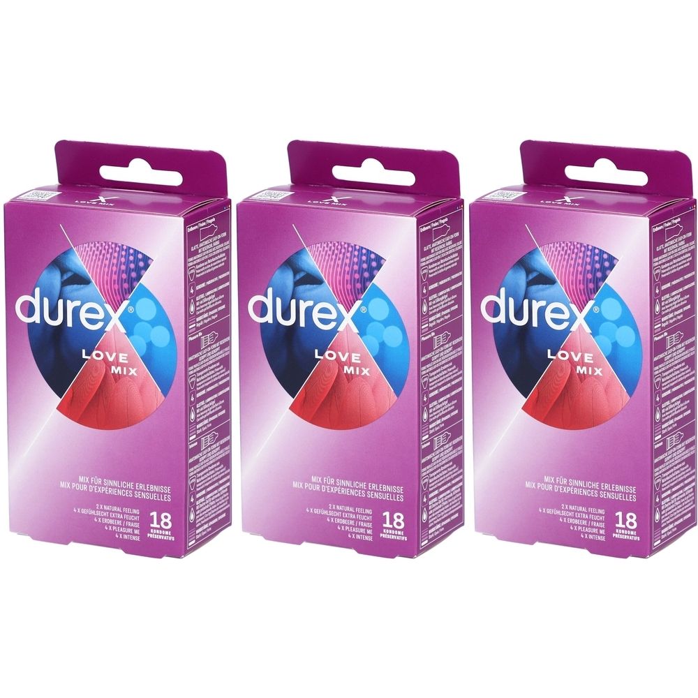 Drei Packungen mit Kondomen. Auf jeder Packung steht "durex LOVE MIX" und die Zahl "18". Lila Verpackung mit farbigen Kreisen.