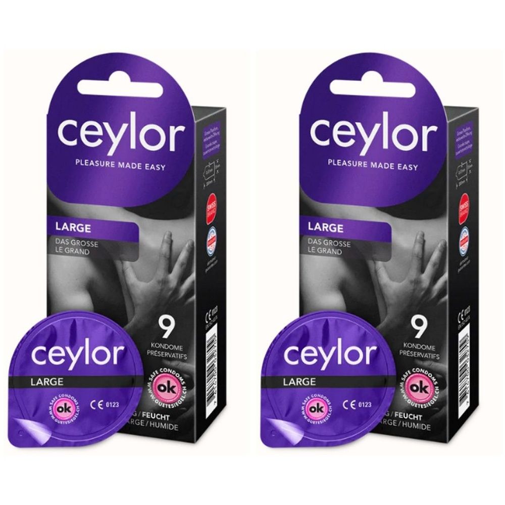 Zwei Packungen Kondome. Aufschrift "ceylor", "LARGE", "9 Kondome". Lila Verpackung mit "ok"-Siegel.