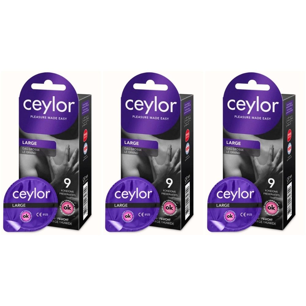 Drei Packungen Kondome. Jede Packung zeigt die Marke Ceylor, die Größe "Large" und die Anzahl 9. Einzelne Kondome sind ebenfalls sichtbar.