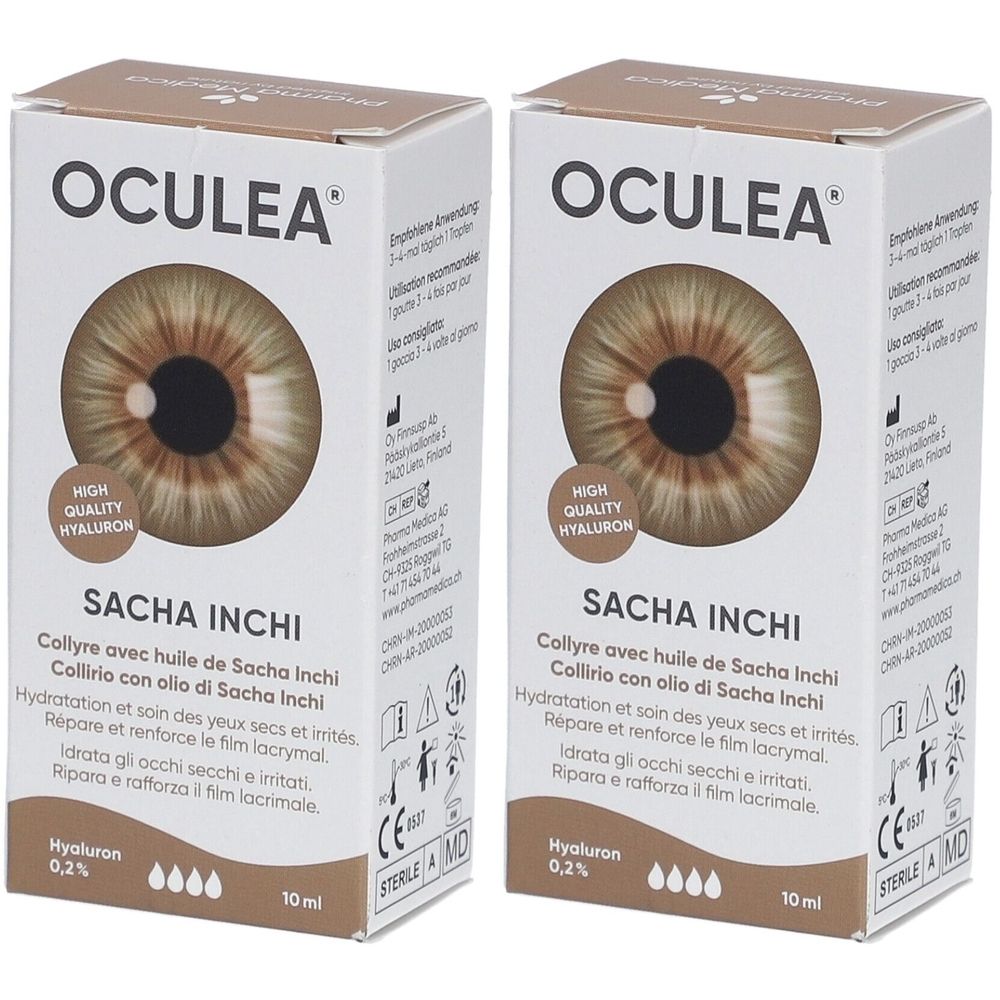 Deux boîtes de collyre OCULEA Sacha Inchi. Inscription : SACHA INCHI, Hyaluron 0,2%, 10 ml. Image d'un œil.