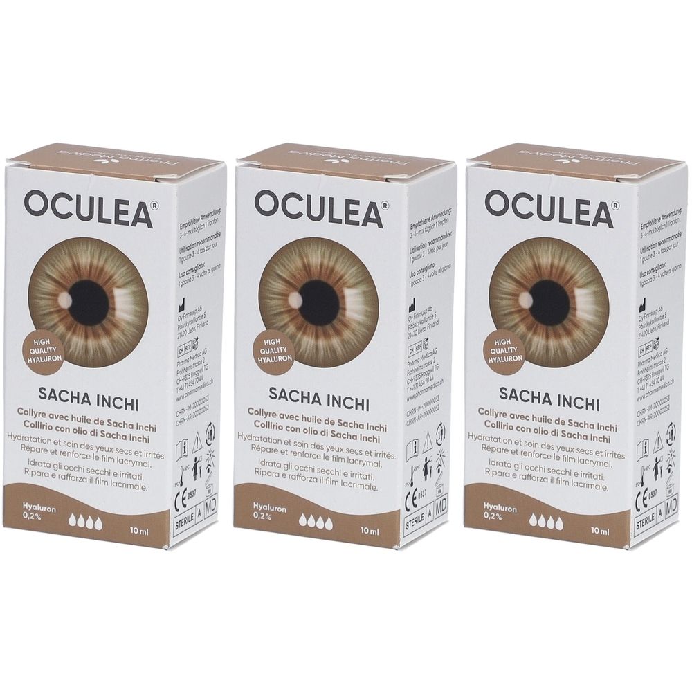 Drei Schachteln OCULEA Sacha Inchi. Jede Schachtel zeigt ein Auge und Produktinformationen. Aufschrift: „Hyaluron 0,2%“ und „10 ml“.