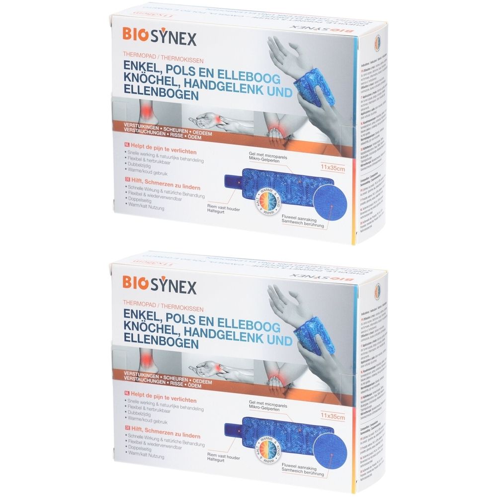 Zwei Packungen. Aufschrift: BIOSYNEX. Produktname: Kalt Warm Kompresse. Text: ENKEL, POLS EN ELLEBOOG, KNOCHEL, HANDGELENK UND ELLENBOGEN. Abbildung einer Hand mit Kompresse.