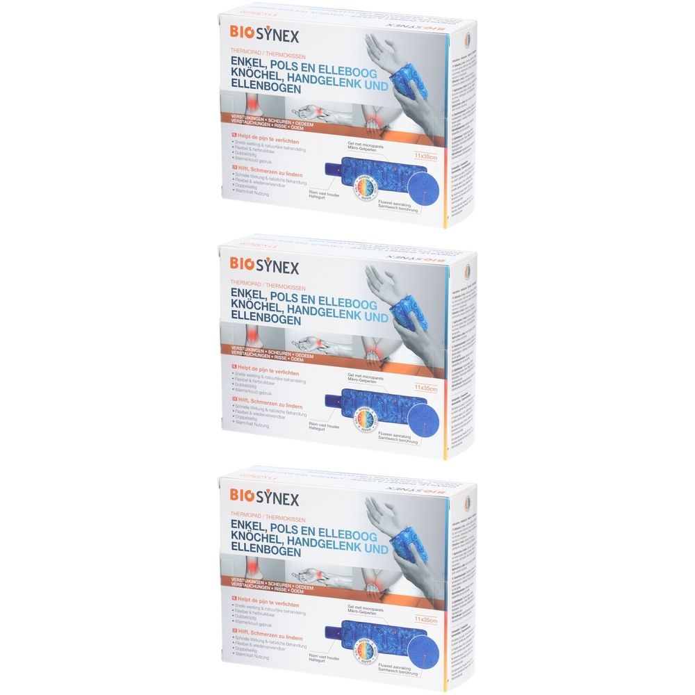 Drei Packungen BIOSYNEX Kompressen. Aufdruck: ENKEL, POLS EN ELLEBOOG, KNOCHEL, HANDGELENK UND ELLENBOGEN. Produktabbildung.