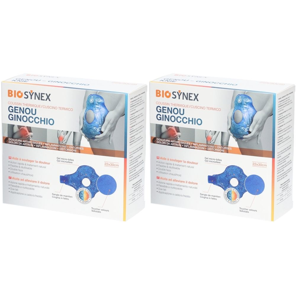 Zwei Packungen mit Kniekompressen. Aufschrift: BIOSYNEX, GENOU GINOCCHIO. Abbildung eines Knies mit Kompresse.