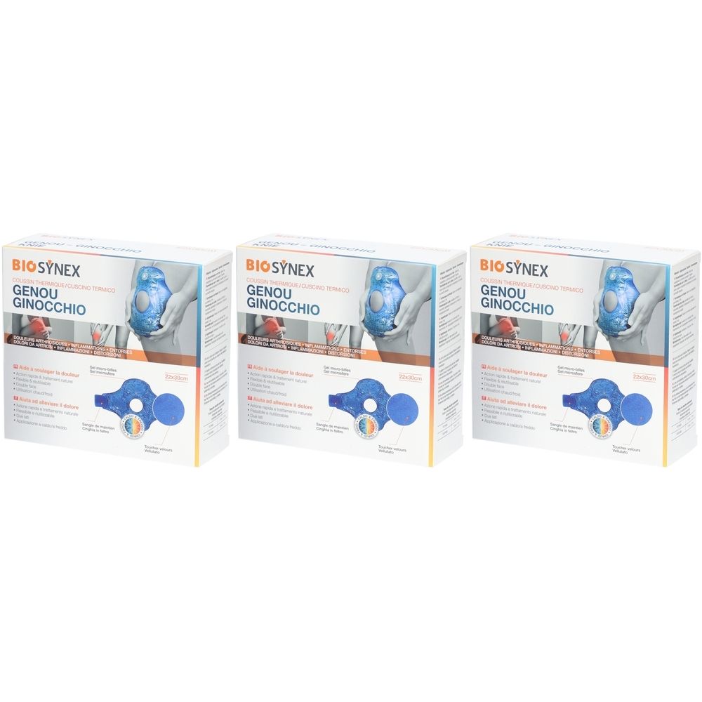 Drei Produktverpackungen. Auf jeder Packung steht "BIOSYNEX GENOU GINOCCHIO". Gezeigt wird ein blaues Kniekompressionsprodukt.