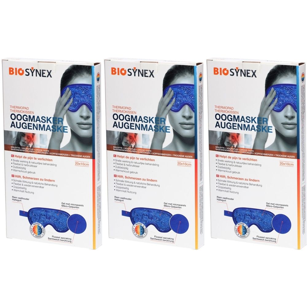 Drei Packungen BIOSYNEX Augenmaske. Jede Packung zeigt eine blaue Augenmaske und eine Frau. Text: Oogmasker Augenmaske.