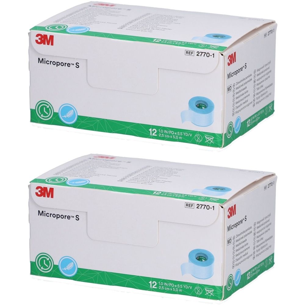 Deux boîtes de 3M Micropore-S. Inscriptions : 3M, Micropore-S, REF 2770-1, 12 rouleaux de 2,5 cm x 5,0 m. Rouleau bleu illustré.