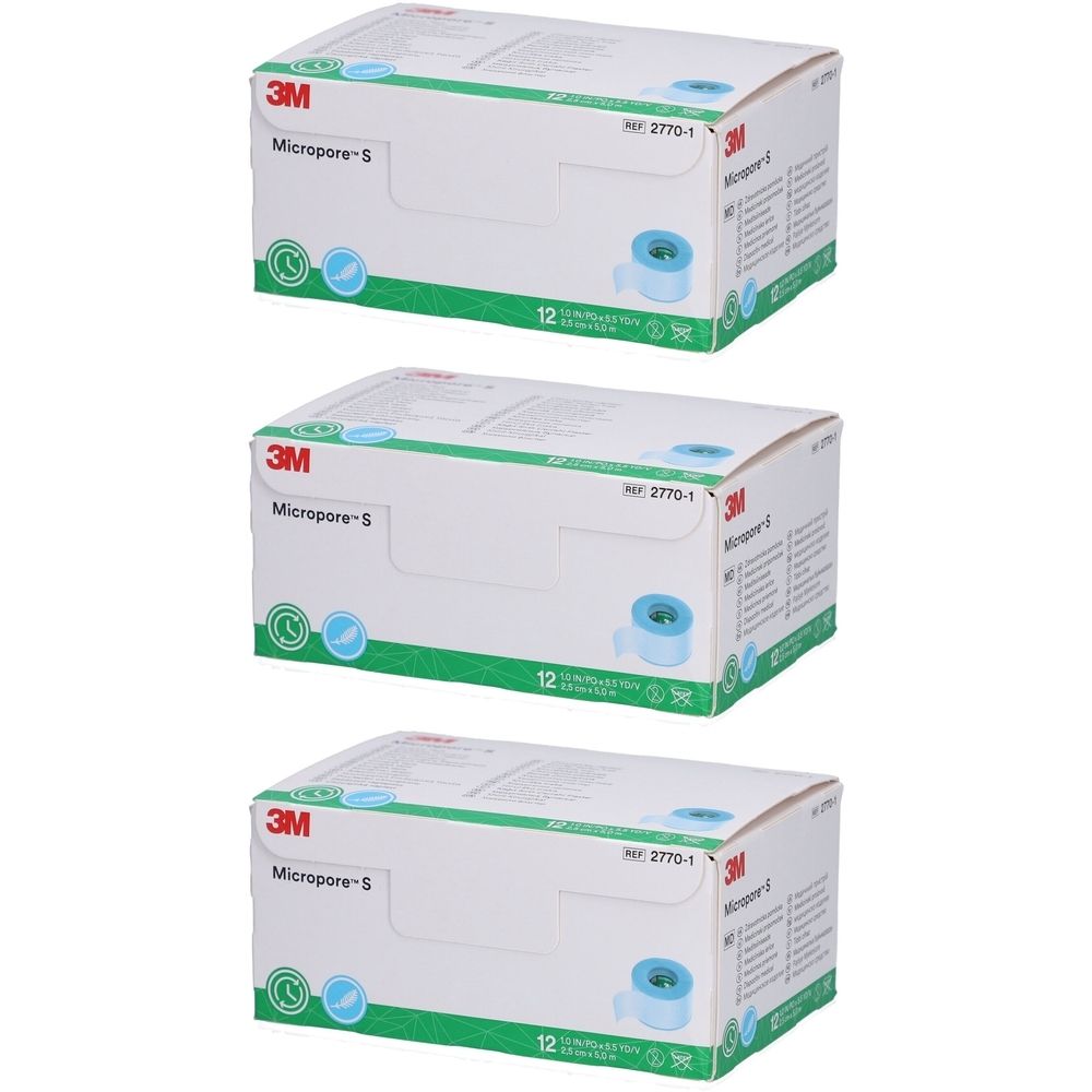 Trois boîtes de pansements blancs. Inscription : 3M Micropore-S. Une bobine de pansement est représentée sur les boîtes.