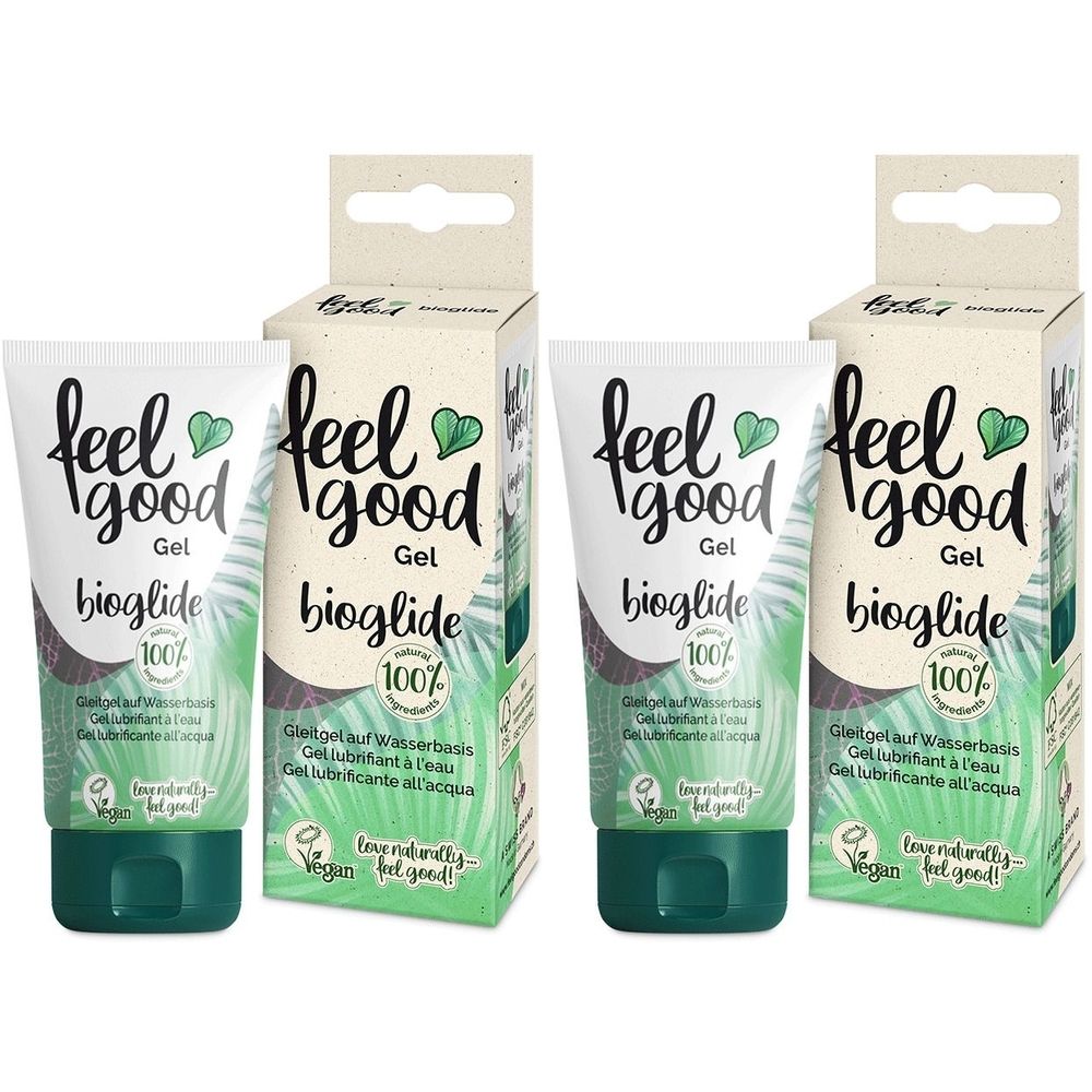 Plusieurs tubes et emballages avec impression du produit. Inscription : feel good bioglide 100%. Couleurs vert et blanc.