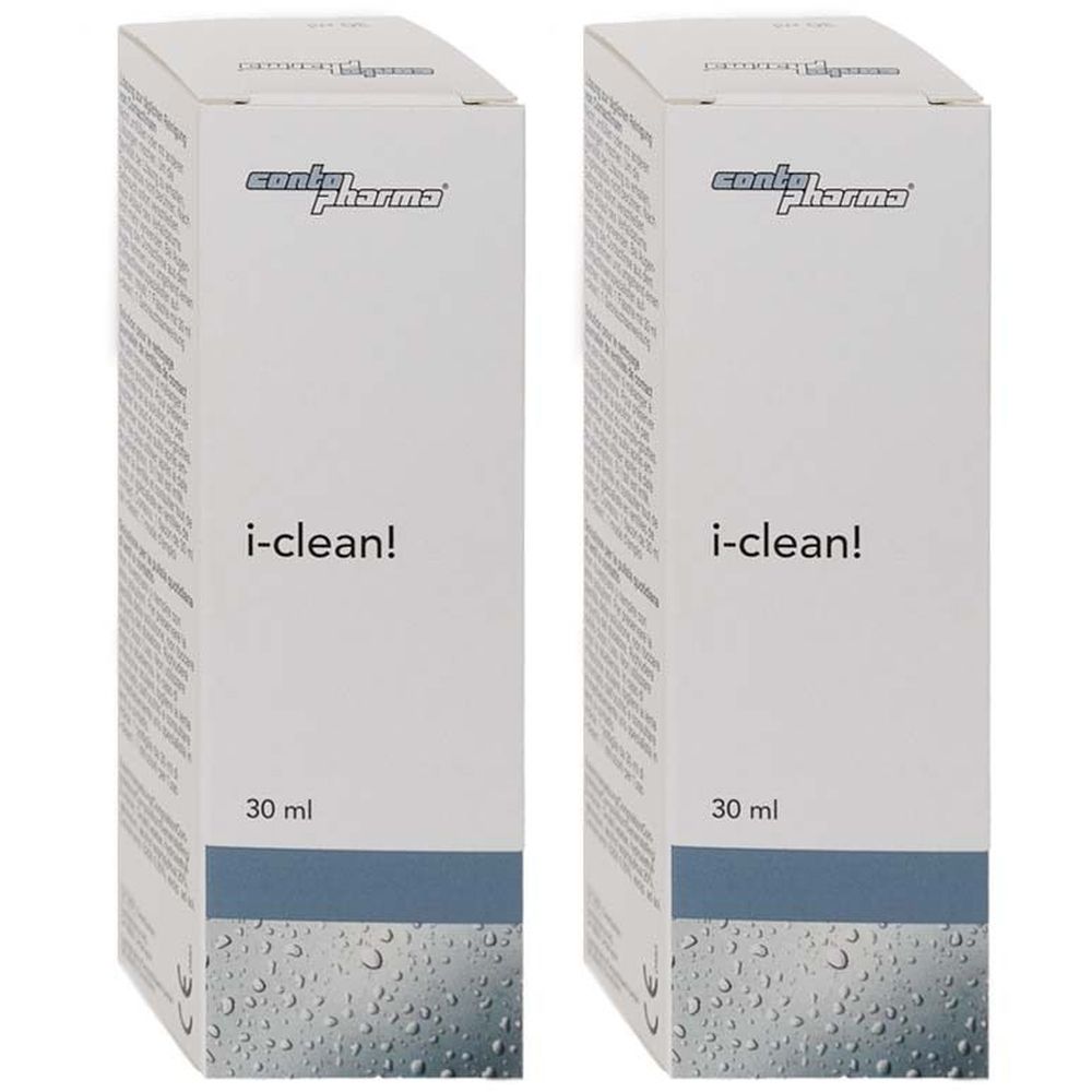 Zwei weiße Produktverpackungen. Aufschrift: contopharma, i-clean!, 30 ml. Unterer Teil blau mit Wassertropfen.