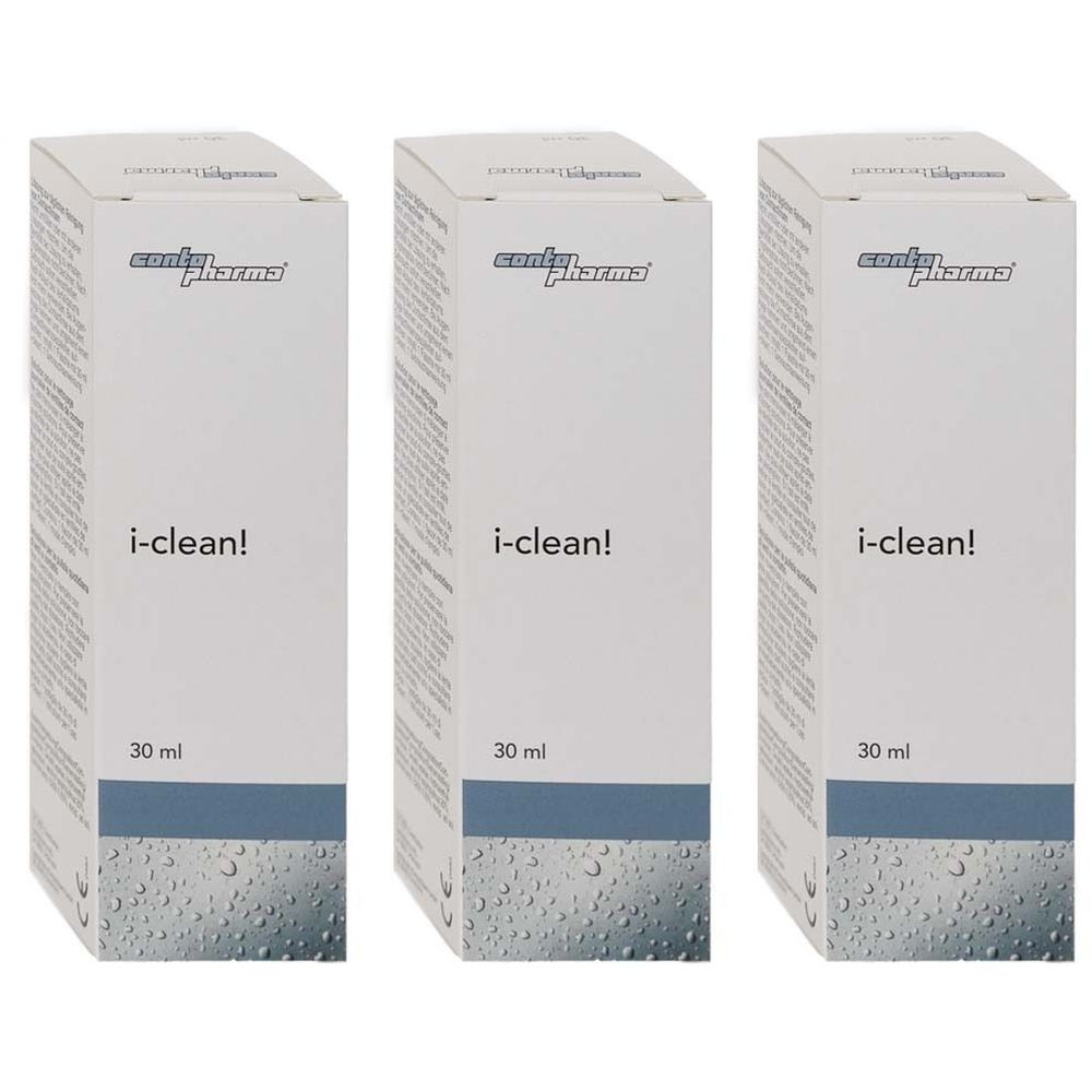 Drei weiße Schachteln mit "i-clean!"-Schriftzug. Darunter "30 ml". Oben links "contopharma" Logo.