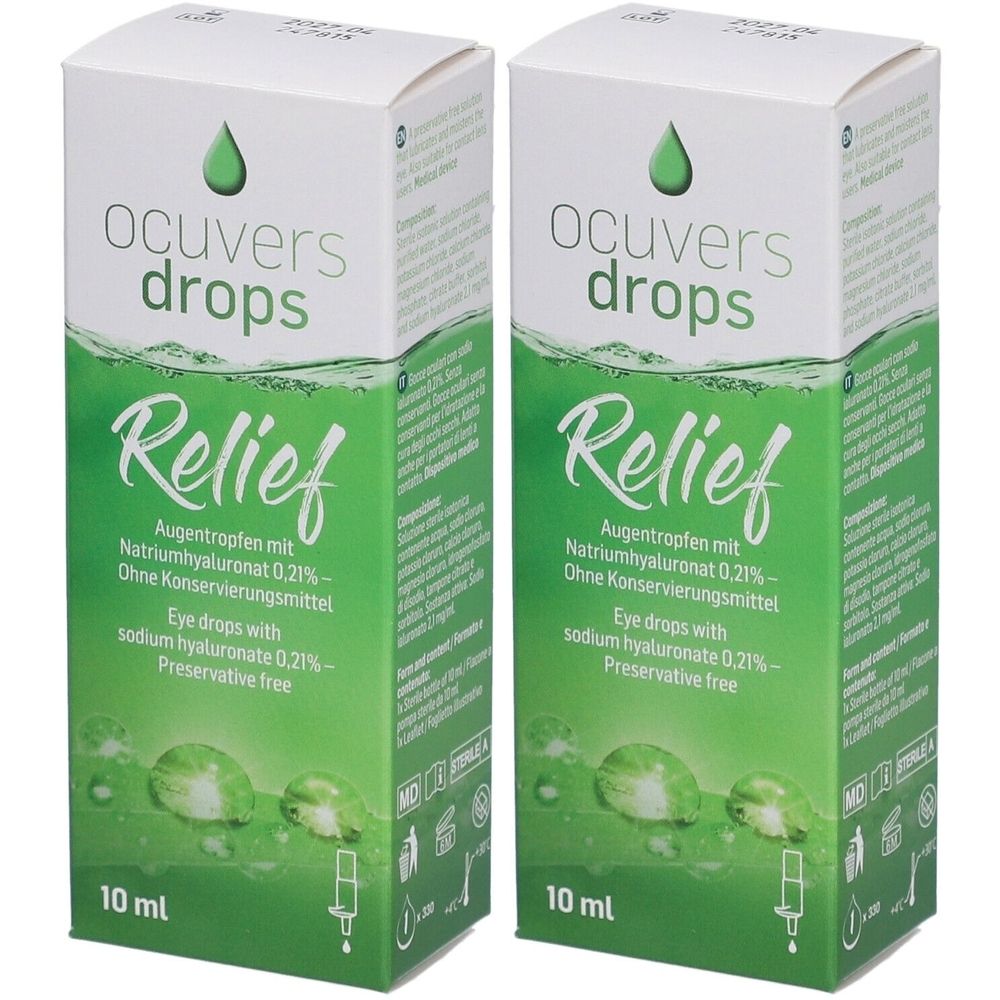 Zwei Schachteln Ocuvers Drops Relief Augentropfen. Grün-weiße Verpackung mit Produktnamen und Inhaltsangaben. 10 ml.