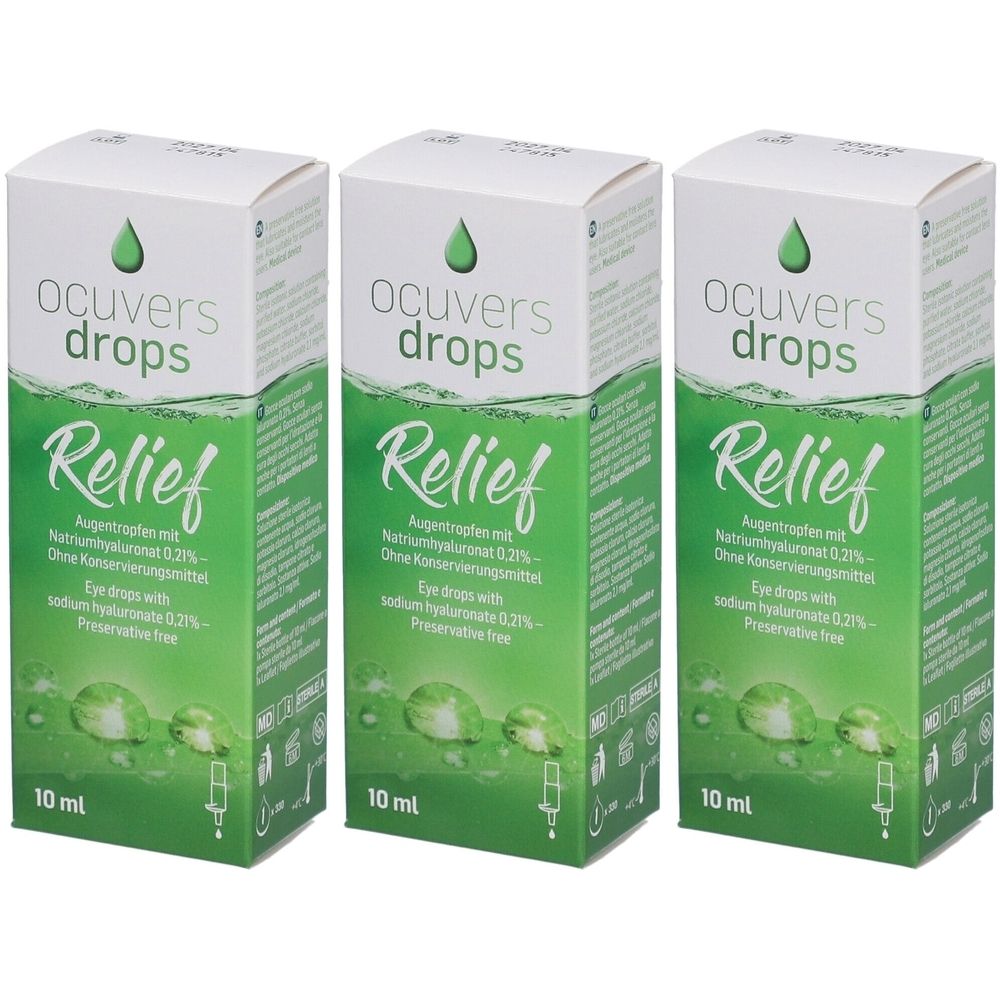 Drei Schachteln Ocuvers Drops Relief Augentropfen. Weiße Schachteln mit grüner Schrift und Tropfensymbol. 10 ml.
