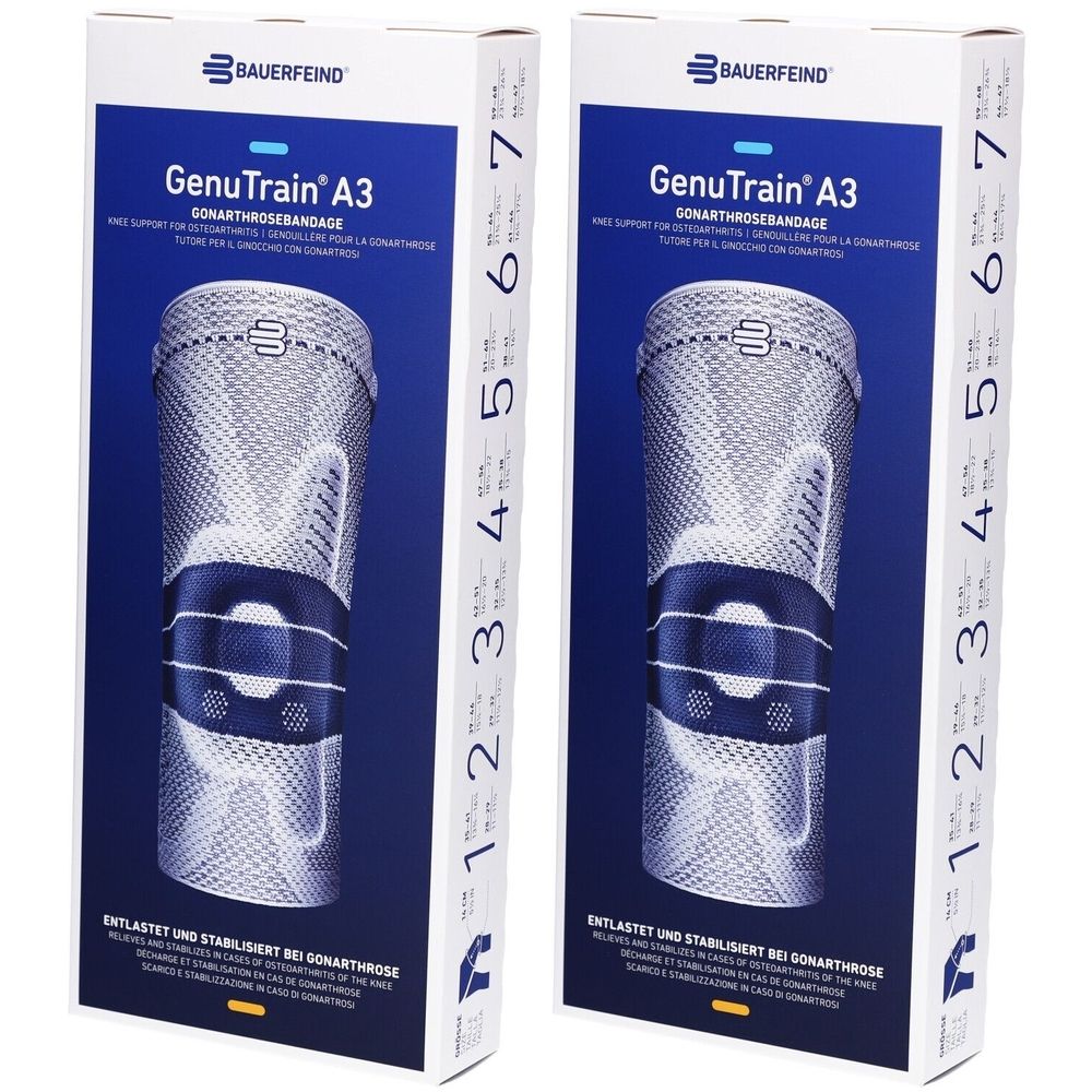 Zwei Produktverpackungen. Aufschrift: Bauerfeind GenuTrain A3 Kniebandage. Größenangabe 1-7. Produktabbildung.