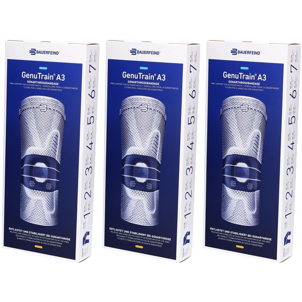 Drei Produktverpackungen der Kniebandage GenuTrain A3. Auf jeder Verpackung ist die Bandage abgebildet, Größenangaben und der Markenname.