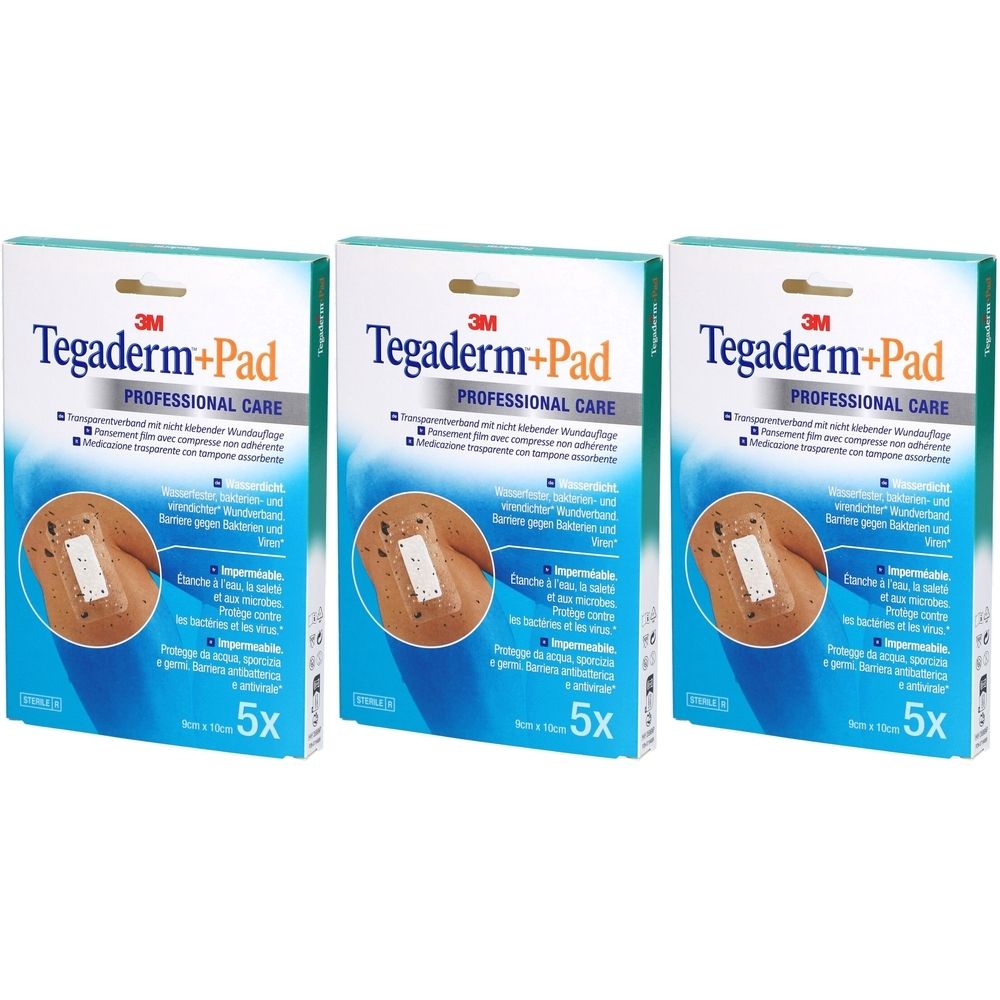Trois boîtes de 3M Tegaderm+Pad. Chaque boîte montre un pansement avec compresse non adhérente. Inscription: PROFESSIONAL CARE et 5x.